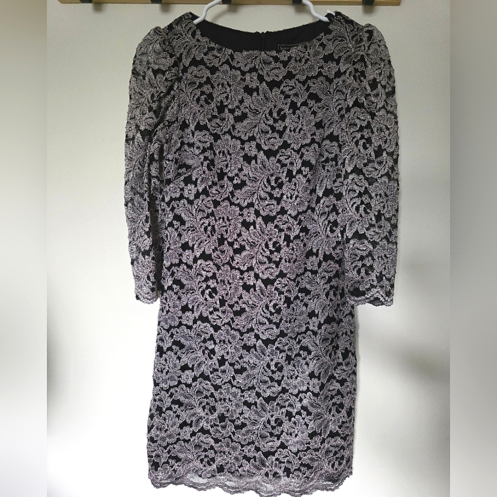 Jessica Howard Blackand Silver Lace Shift Dress‎ 3/4 Sheer Sleeve Sz 4P - Picture 3 of 8